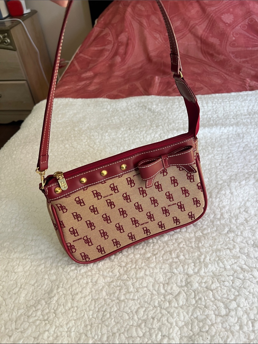 DB Monogram Red Canvas Shoulder Bag with Bow